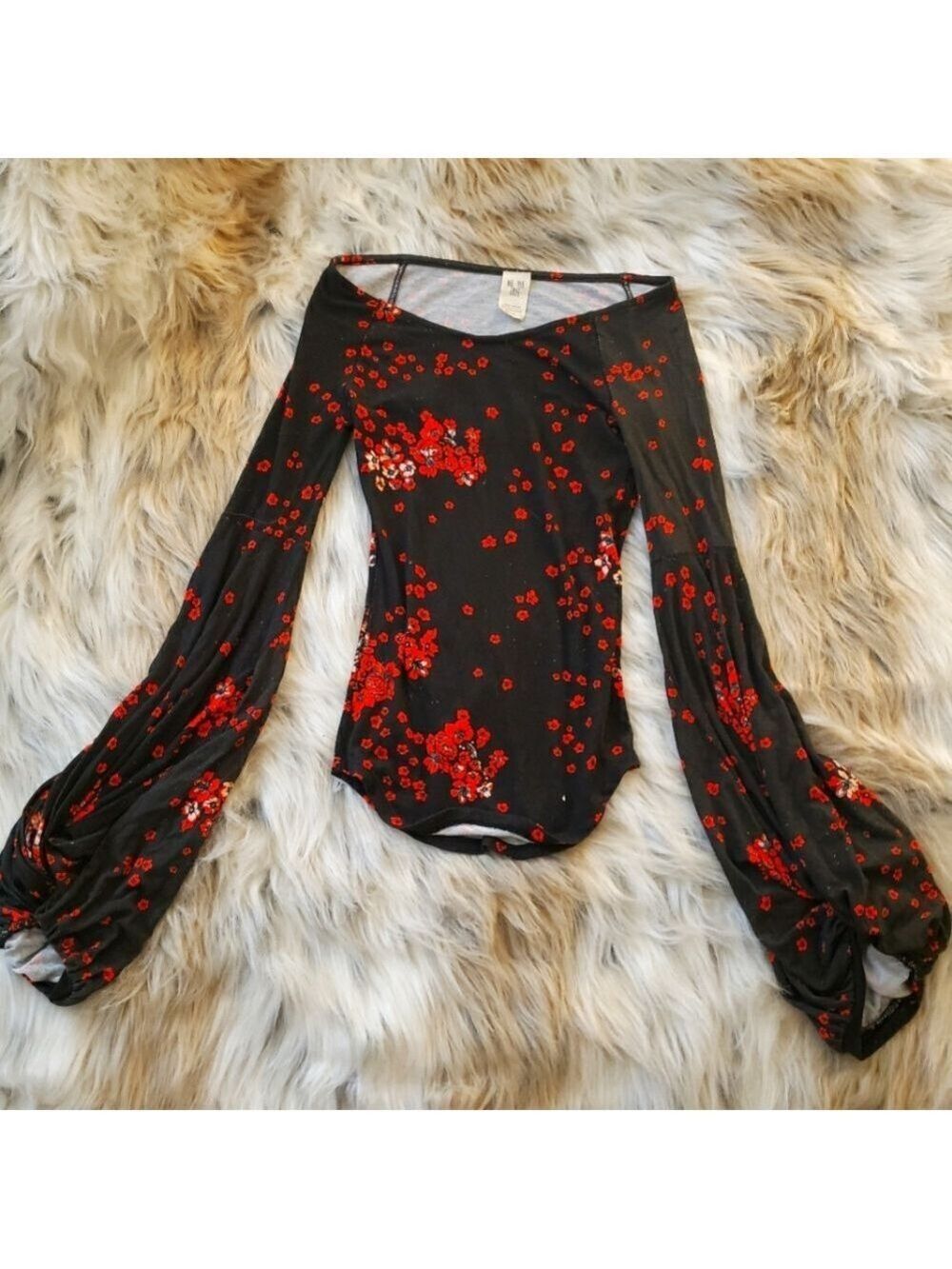 We the Free Floral Bell Sleeve Blouse Red Black